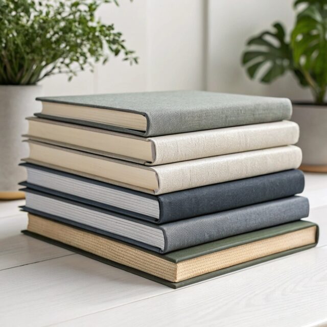 Stos eleganckich albumów w twardej oprawie w różnych okleinach, ułożonych na jasnym stole w minimalistycznym wnętrzu