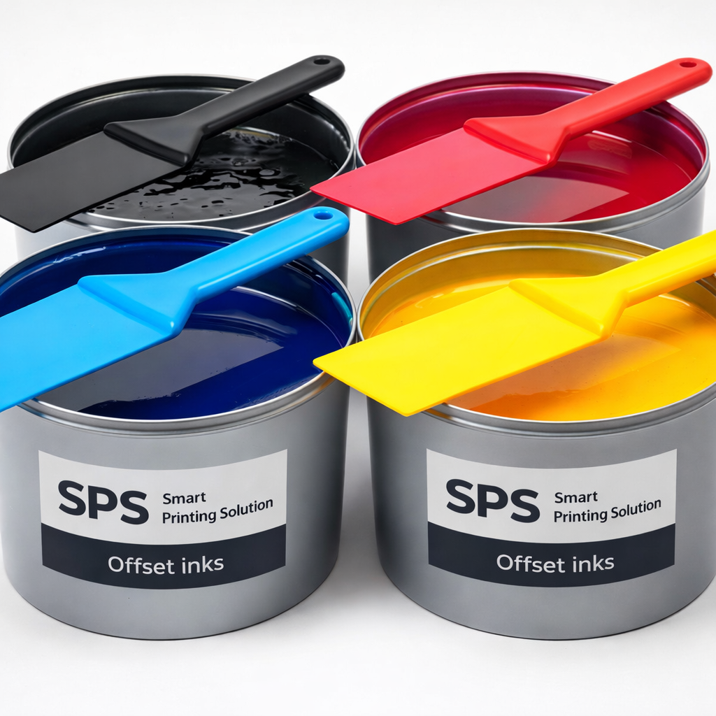 Offset inks Four cans of SPS offset inks in CMYK colors with matching spatulas on a clean studio background