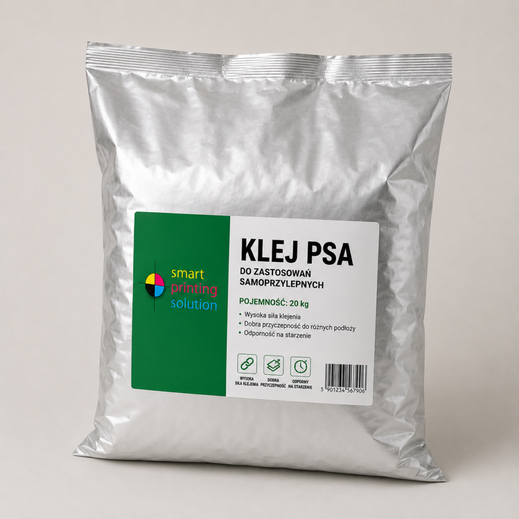 Silver foil bag of PSA adhesive with a green-and-white label displaying the 'Smart Printing Solution' logo and product name KLEJ PSA (20 kg).