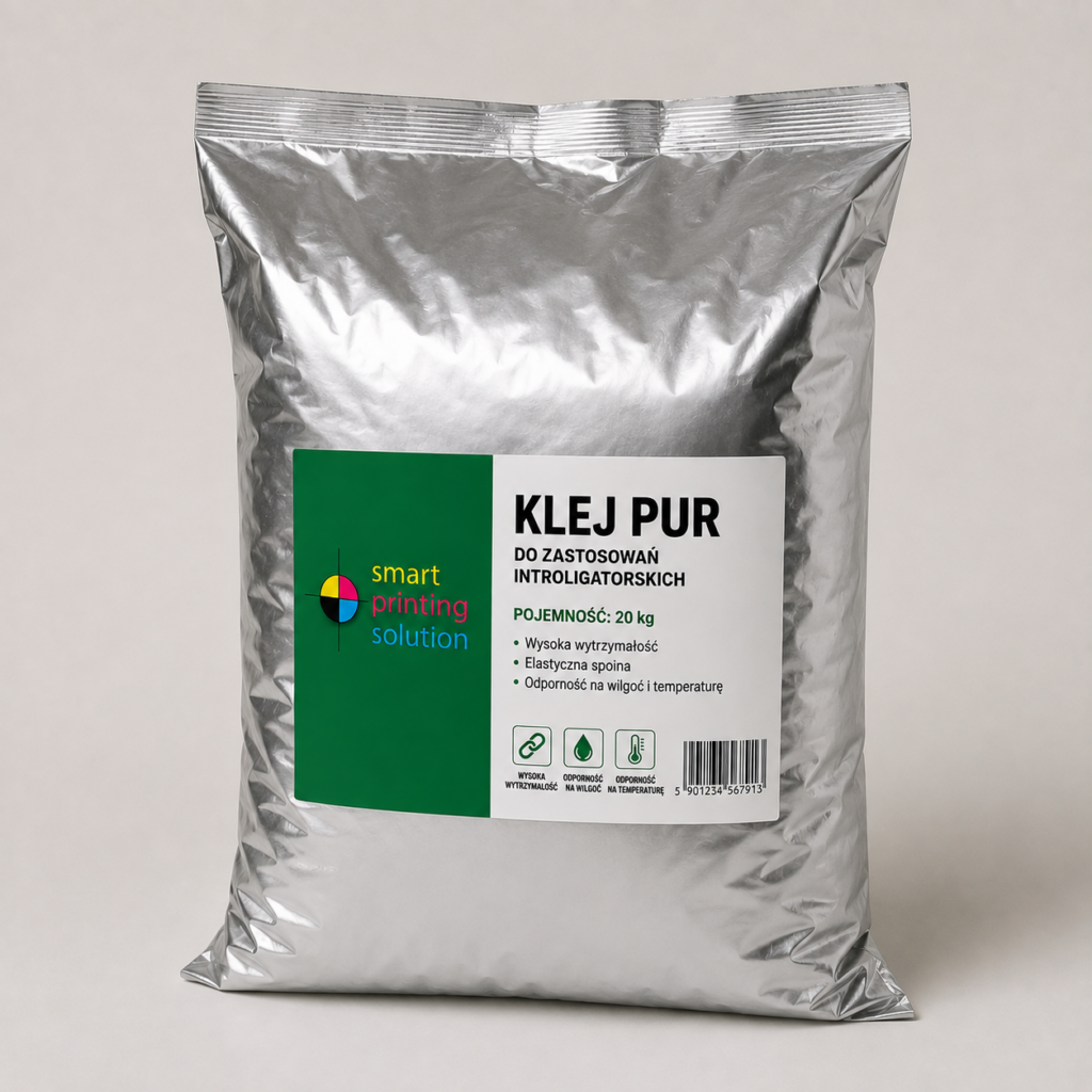 Silver foil bag with a green/white label reading 'KLEJ PUR' for bookbinding glue, 20 kg, branded 'smart printing solution' with logo and barcode