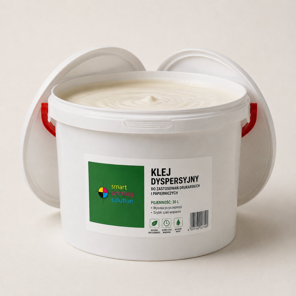 Open white plastic bucket of dispersion adhesive with red handles and an exposed lid, label featuring green square and product info.