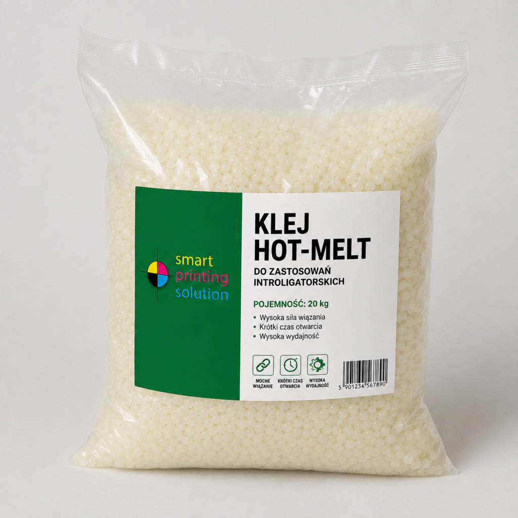 Bag of white hot-melt glue pellets in a clear poly bag with a green and white label reading 'KLEJ HOT-MELT' and '20 kg'.